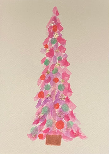 Pink Christmas Tree Watercolor Card